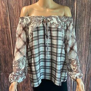 Ann Taylor LOFT size XS strapless pink white gray paisley & plaid flowy top